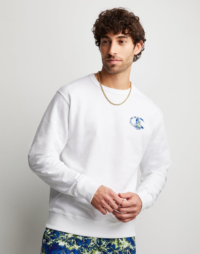 Champion Powerblend Fleece Crew Chasing Waves White Sweatshirt Mens - South Africa LCNUSM506